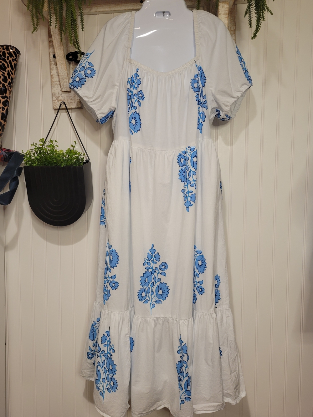 J. Crew White Top with Sky Blue Floral Trim